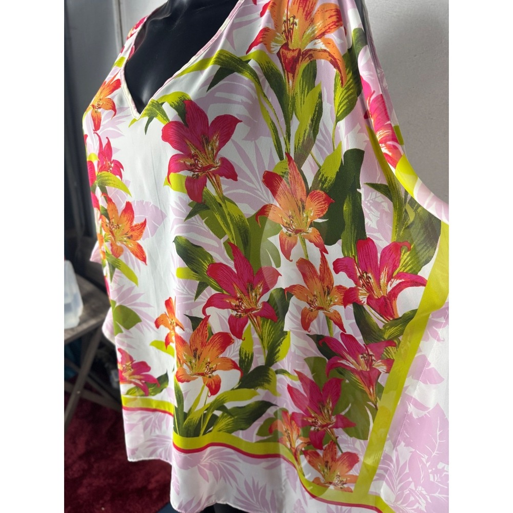 Susan Graver‎ Floral Print V Neck Caftan Top 2X 3XL Pink Orange Green - Picture 4 of 13